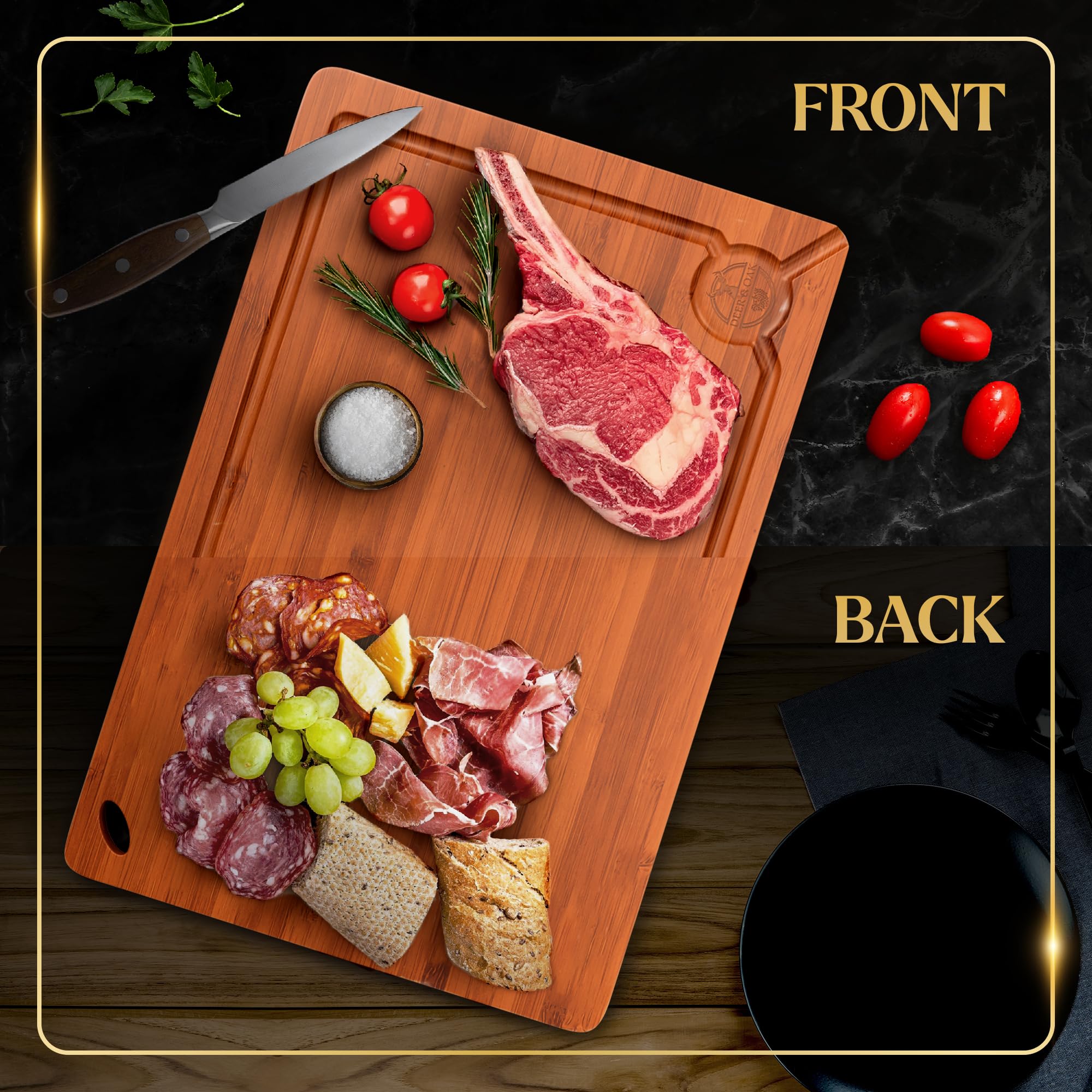 Deer & Oak cutting board close-up highlighting dark carbonized finish.