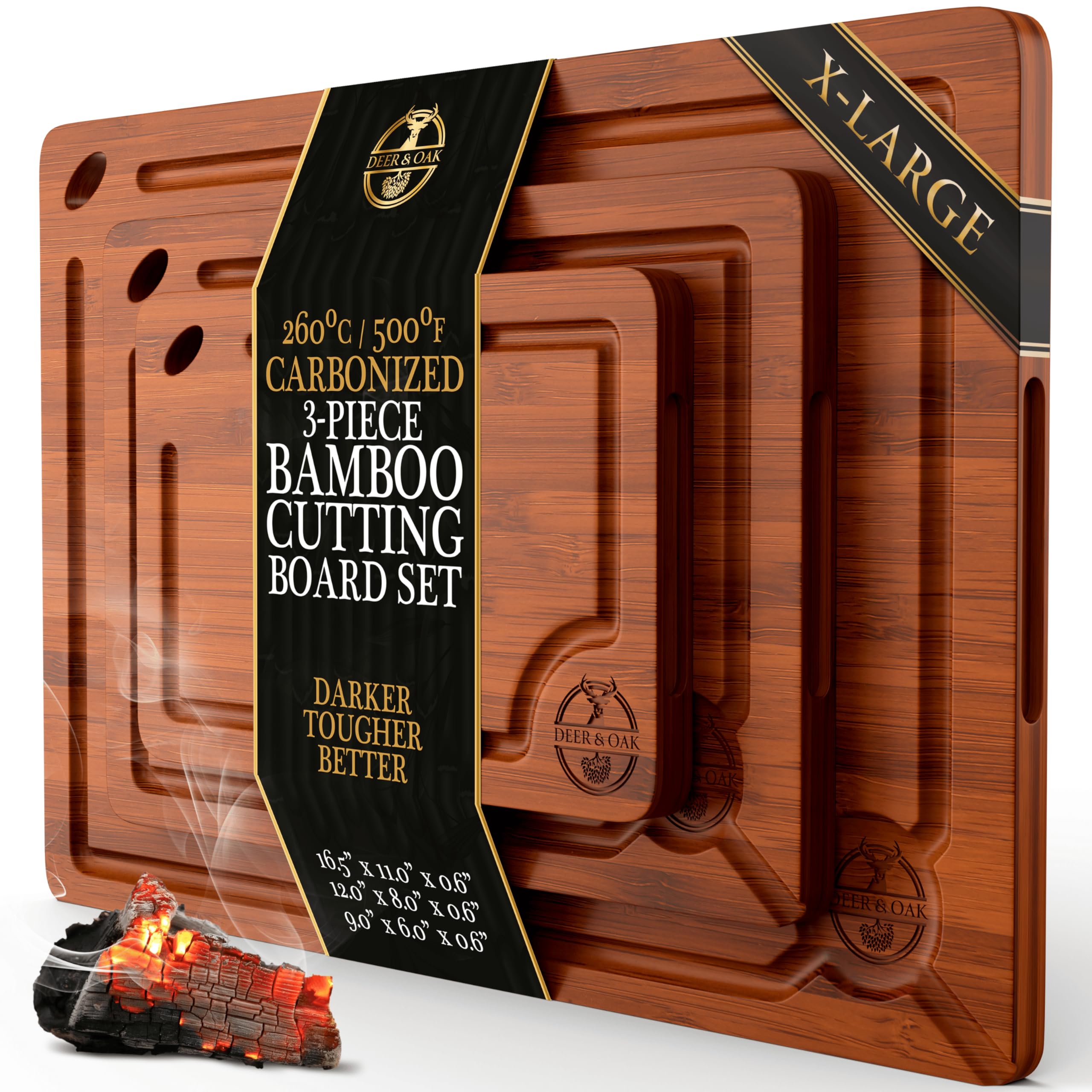 Deer & Oak pre-oiled bamboo cutting board set on a kitchen counter for easy prep.
