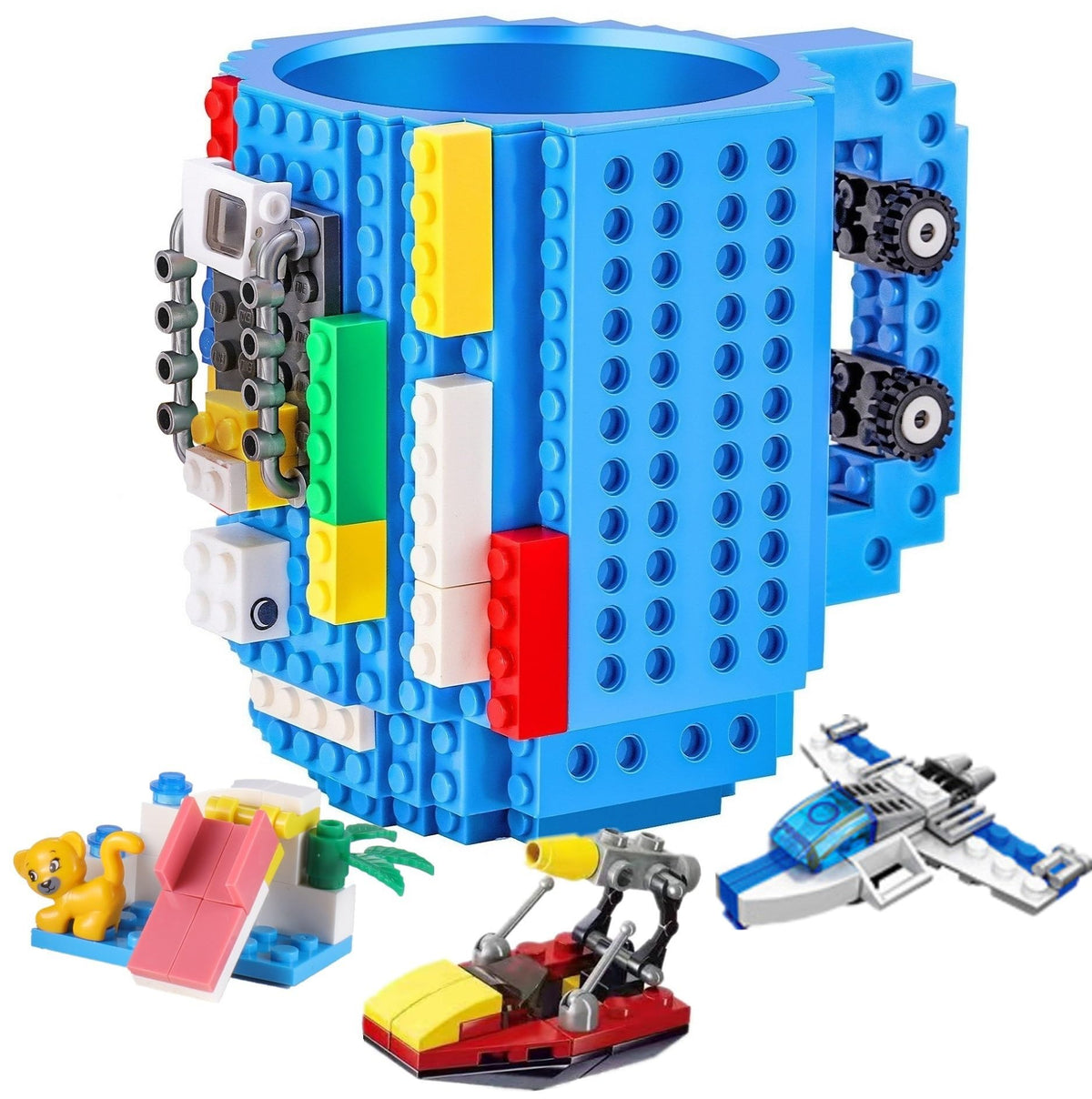 DEEXITO Build-on Brick Coffee Mug side view with blocks for creative sipping.