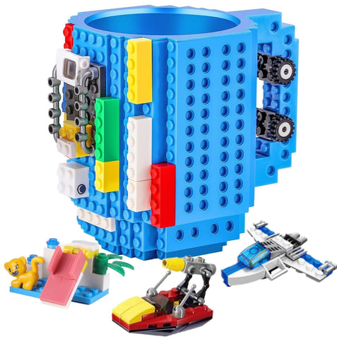 DEEXITO Build-on Brick Coffee Mug side view with blocks for creative sipping.