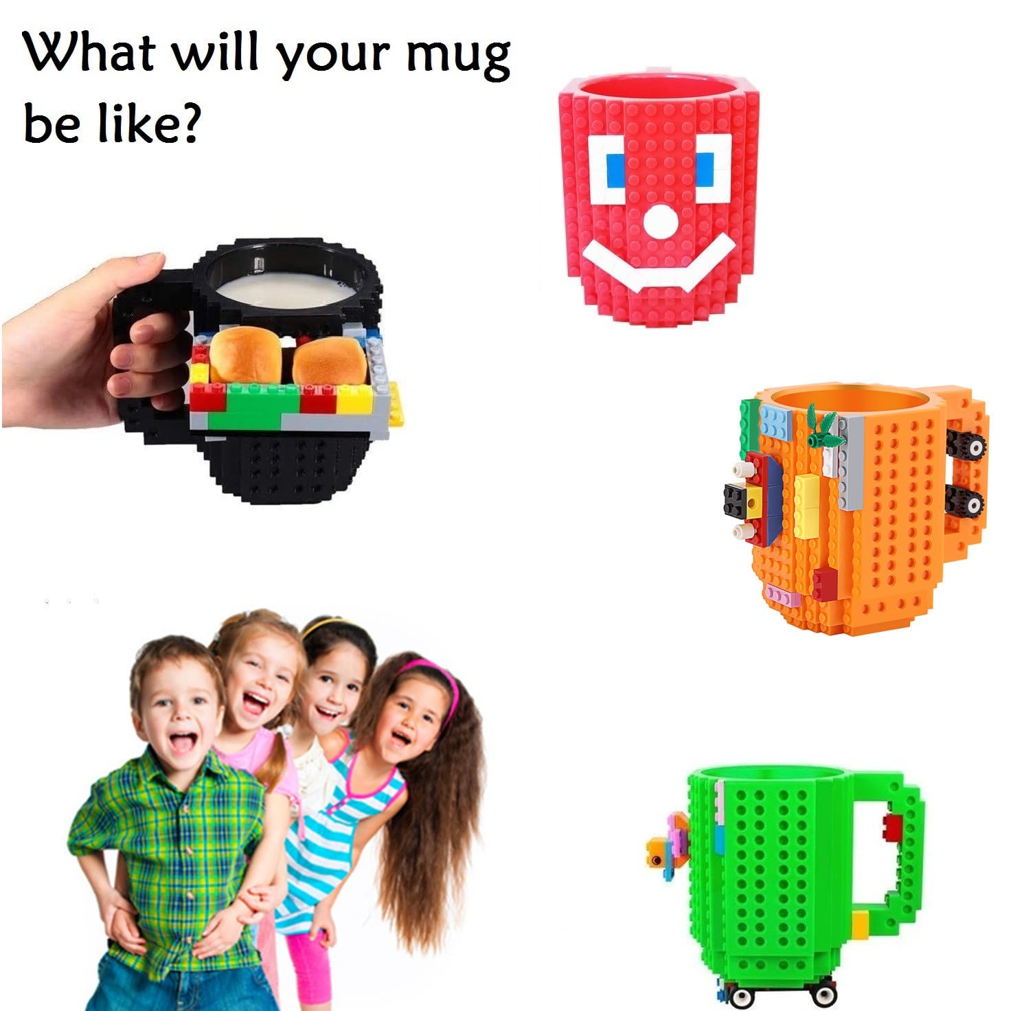 DEEXITO Build-on Brick Mug with blocks attached for playful interaction.