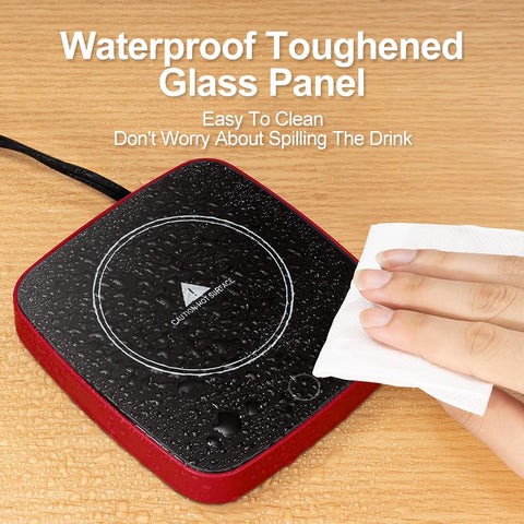 Defashun red mug warmer in use with a cup on a desk.