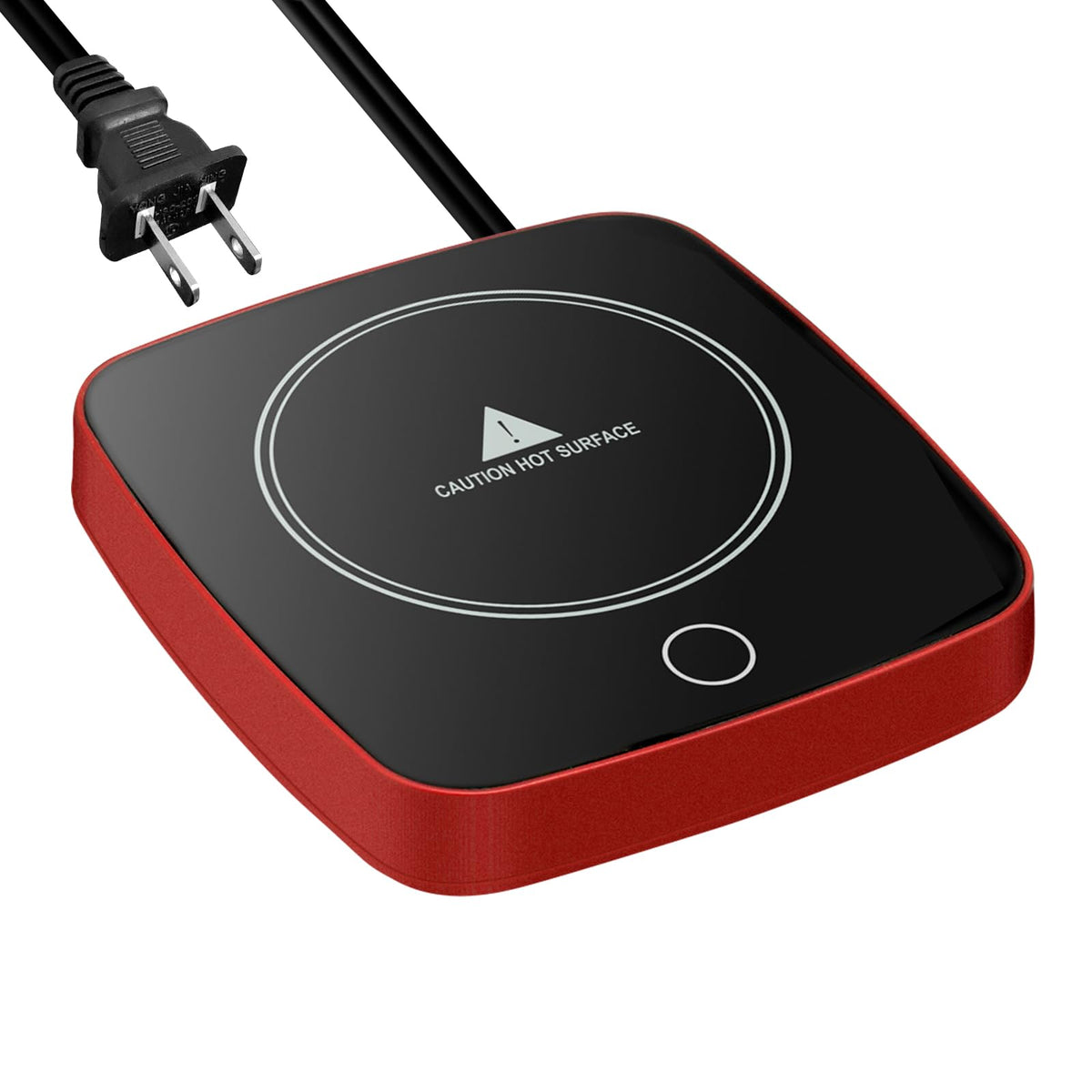 Defashun coffee mug warmer in red, front view keeps beverages warm at your desk.