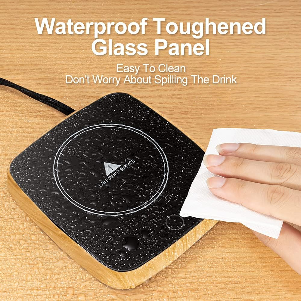 Defashun mug warmer wood grain close-up highlighting sleek glass surface