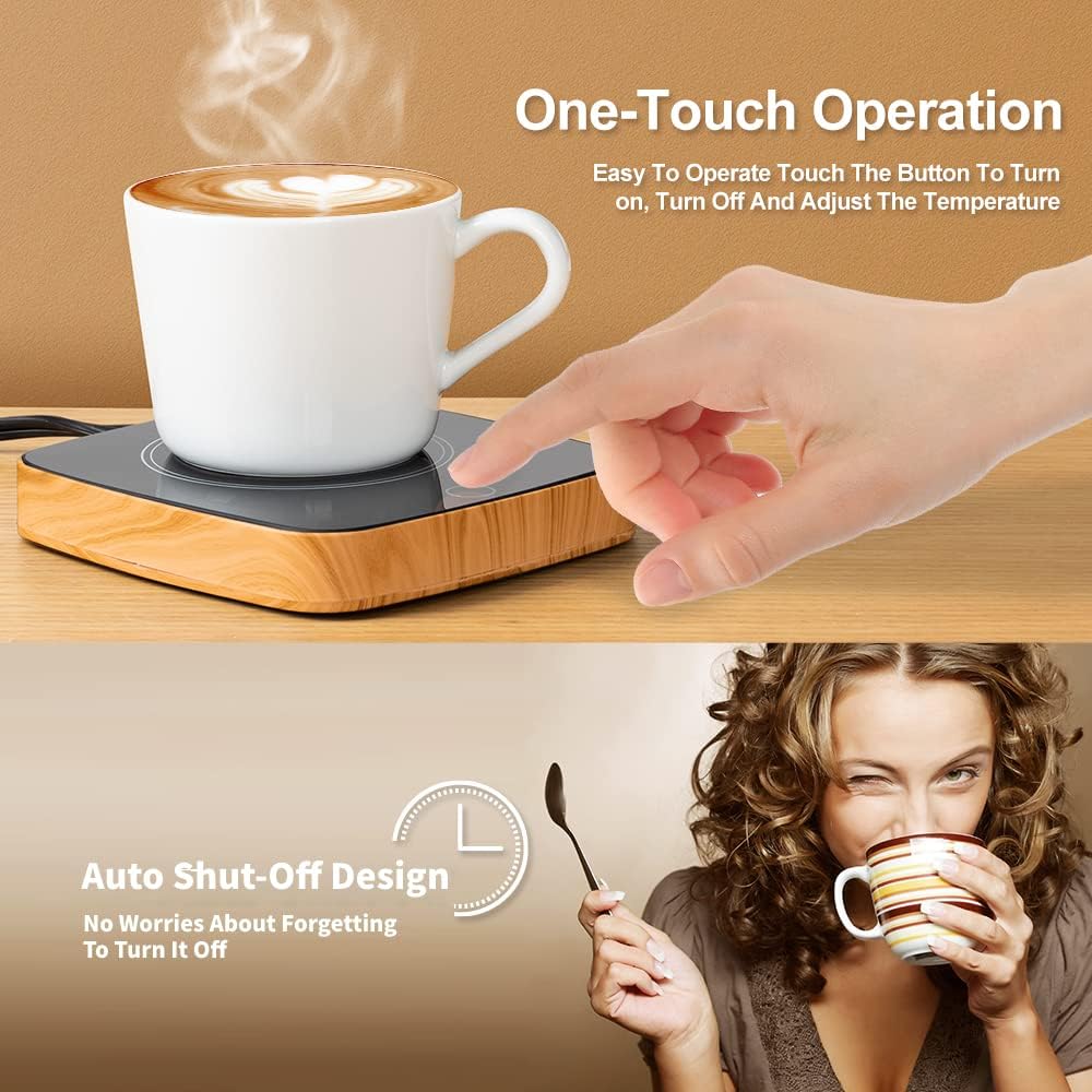 Flat-bottom cup fits securely on Defashun mug warmer wood grain