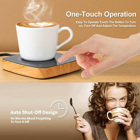 Flat-bottom cup fits securely on Defashun mug warmer wood grain