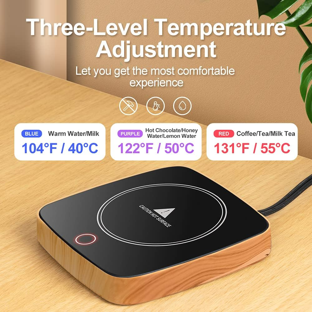 Heating plate on Defashun mug warmer warming a cup on wood grain surface