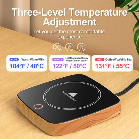 Heating plate on Defashun mug warmer warming a cup on wood grain surface
