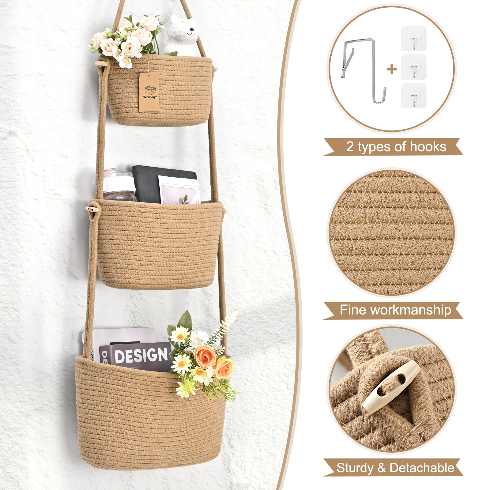 Degeyoyo boho-style door basket with hooks for easy hanging and access.