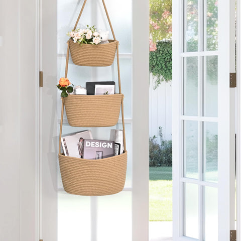 Degeyoyo cotton wall baskets show a 3-tier design for versatile storage.