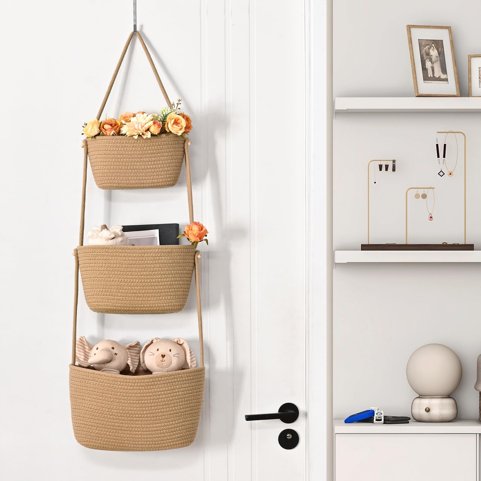 Degeyoyo nursery storage for towels and magazines with soft woven texture.