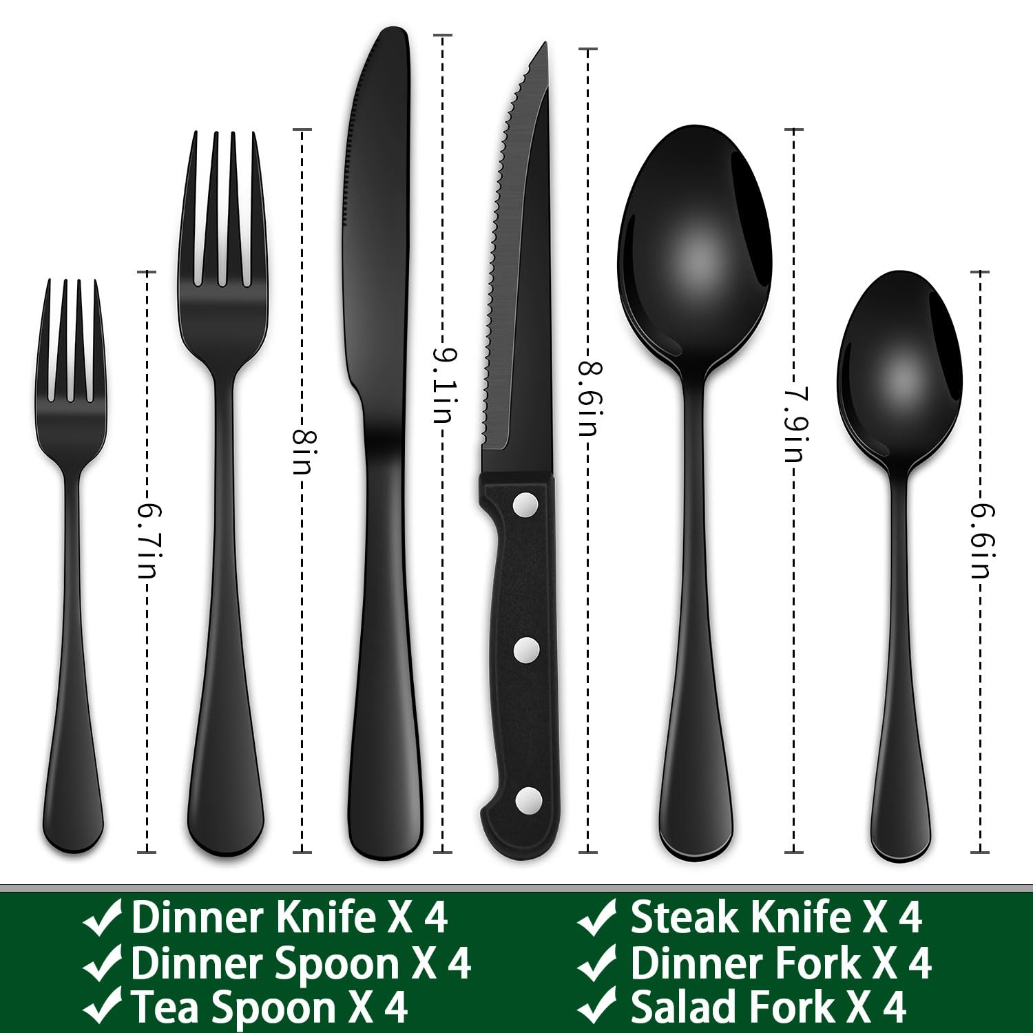 Dehov black dinner knives with smooth edges for safe handling.