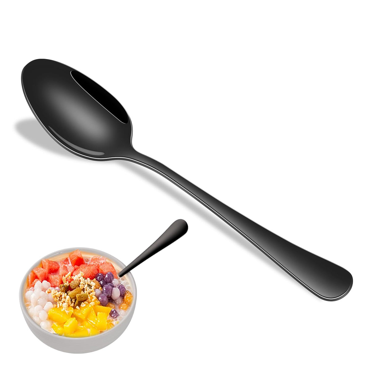 Dehov 16-piece dinner spoon set in black stainless steel for everyday dining and special occasions.
