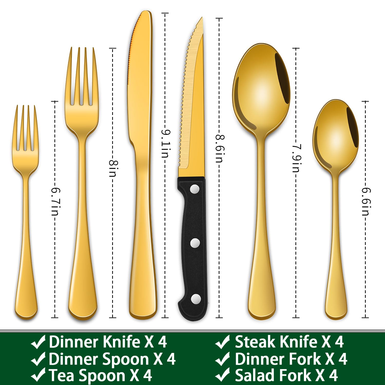 Dehov gold silverware set with mirror polish for elegant tables.