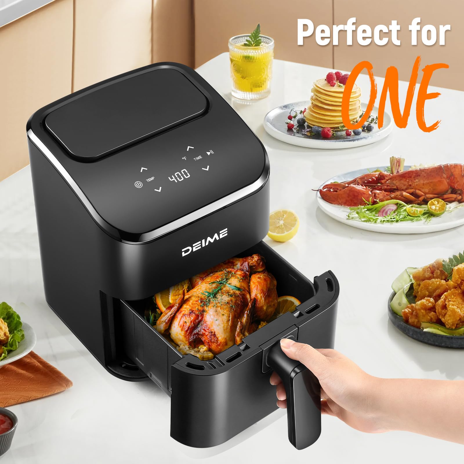 DEIME Air Fryer 2.8 Qt digital display highlights easy timing for precise results.