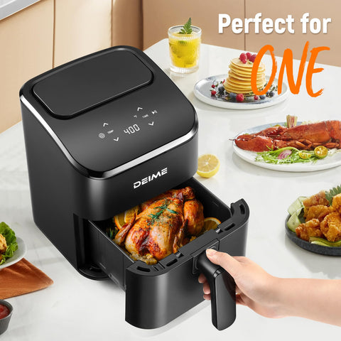 DEIME Air Fryer 2.8 Qt digital display highlights easy timing for precise results.