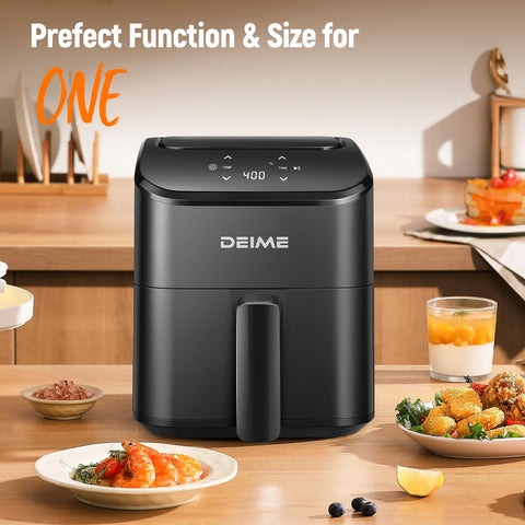 DEIME Air Fryer 2.8 Qt dishwasher-safe basket simplifies cleaning after meals.