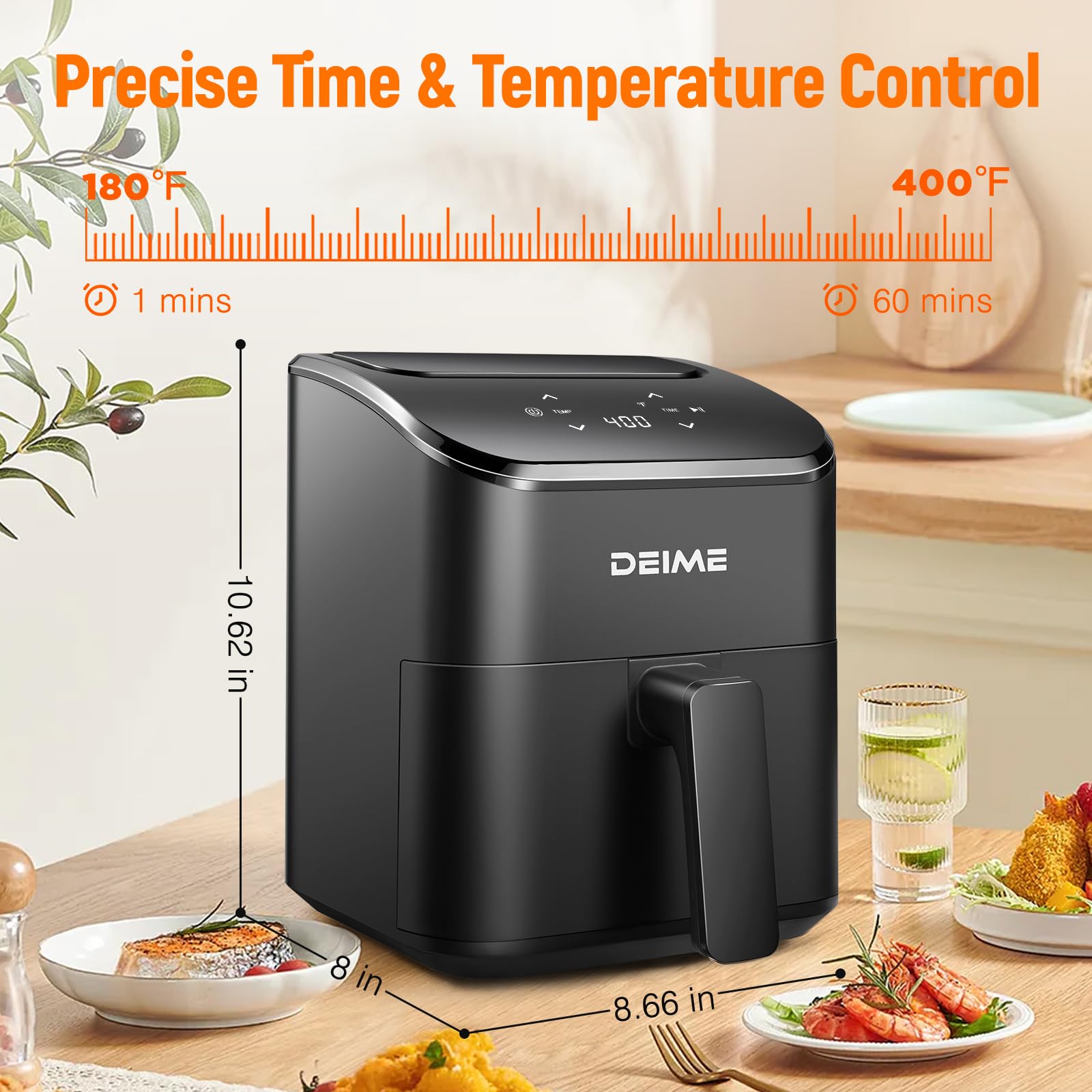 DEIME Air Fryer 2.8 Qt nonstick basket enables easy cleanup and minimal oil.