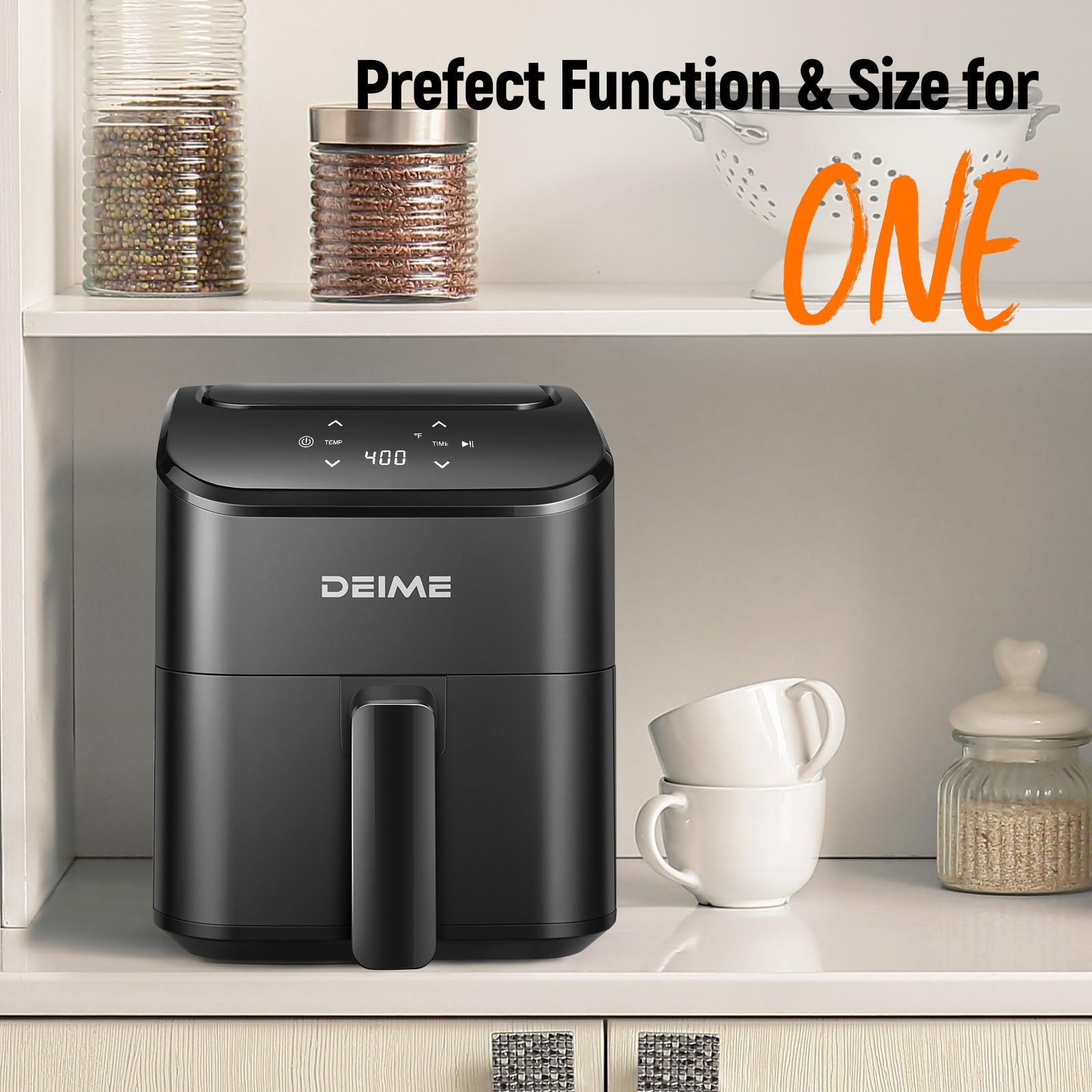 DEIME Air Fryer 2.8 Qt ideal for reheating leftovers and quick snacks.