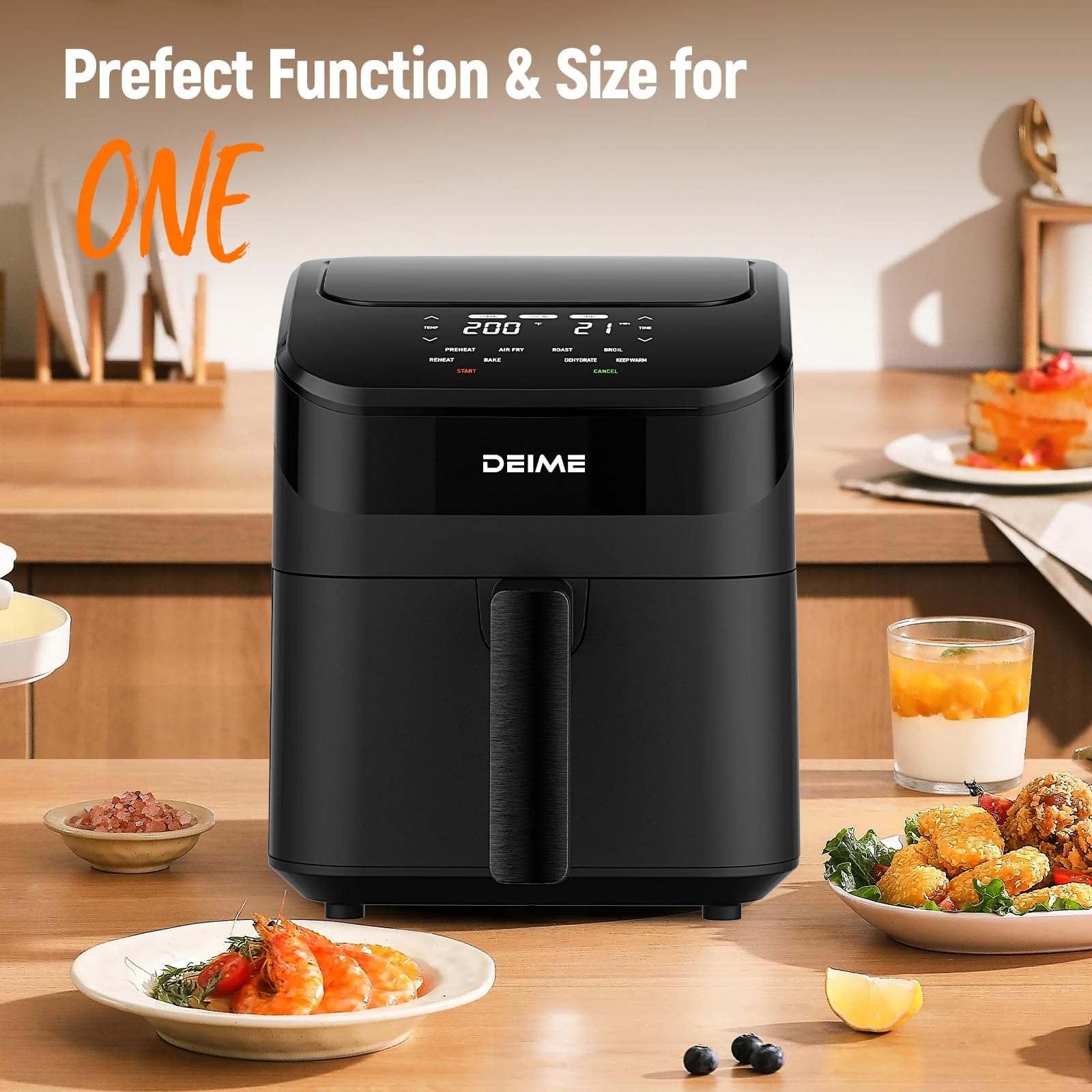 DEIME Air Fryer 4.5 Qt basket with toast rack enables convenient crisping