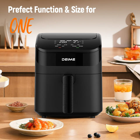 DEIME Air Fryer 4.5 Qt basket with toast rack enables convenient crisping