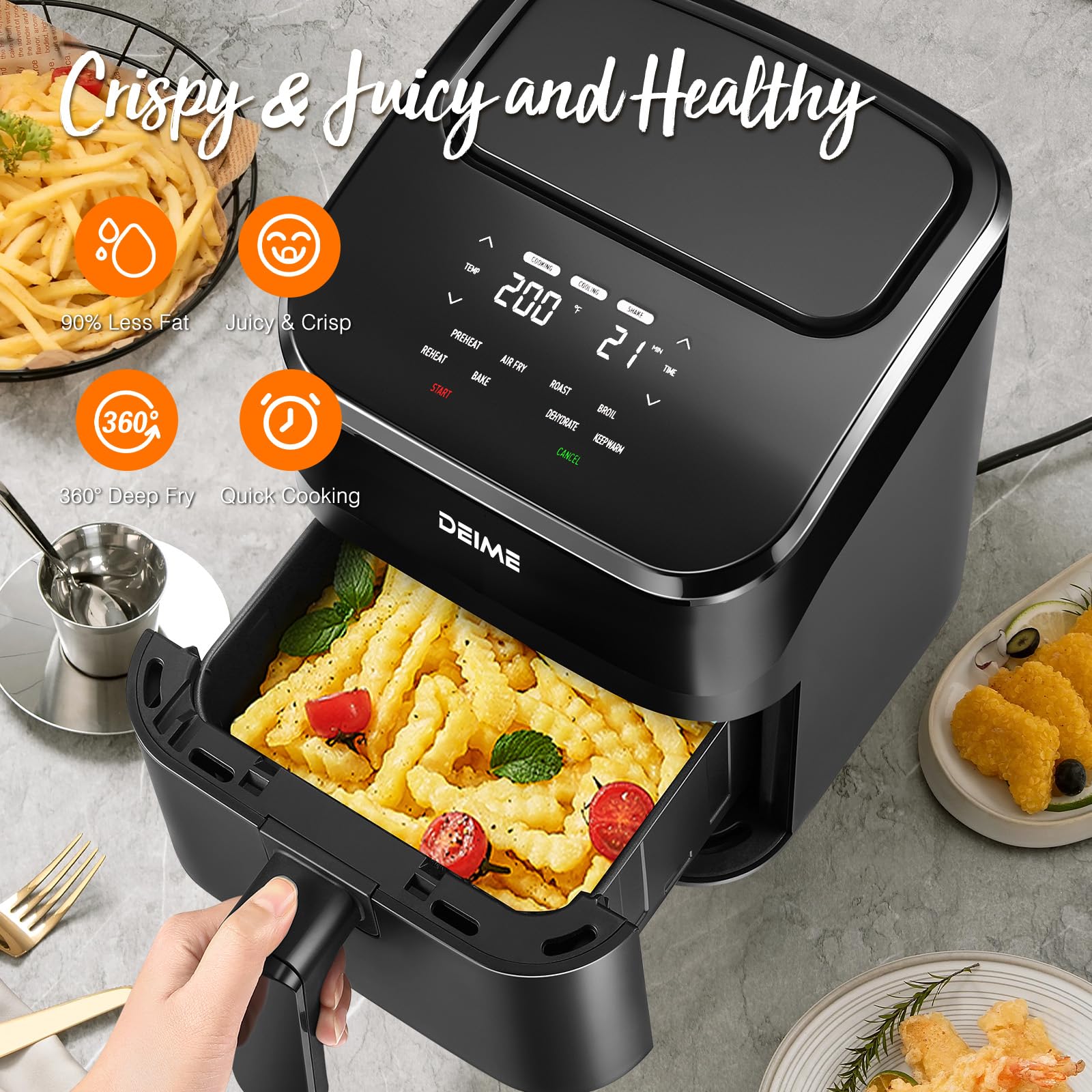 DEIME Air Fryer 4.5 Qt crispy results with little oil, a healthier option