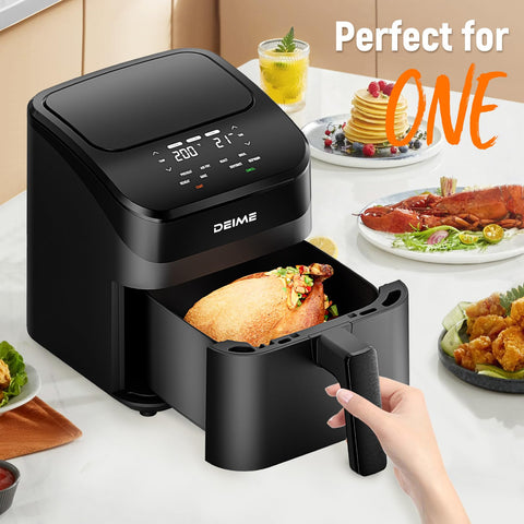 DEIME Air Fryer 4.5 Qt dishwasher-safe basket simplifies cleanup after meals
