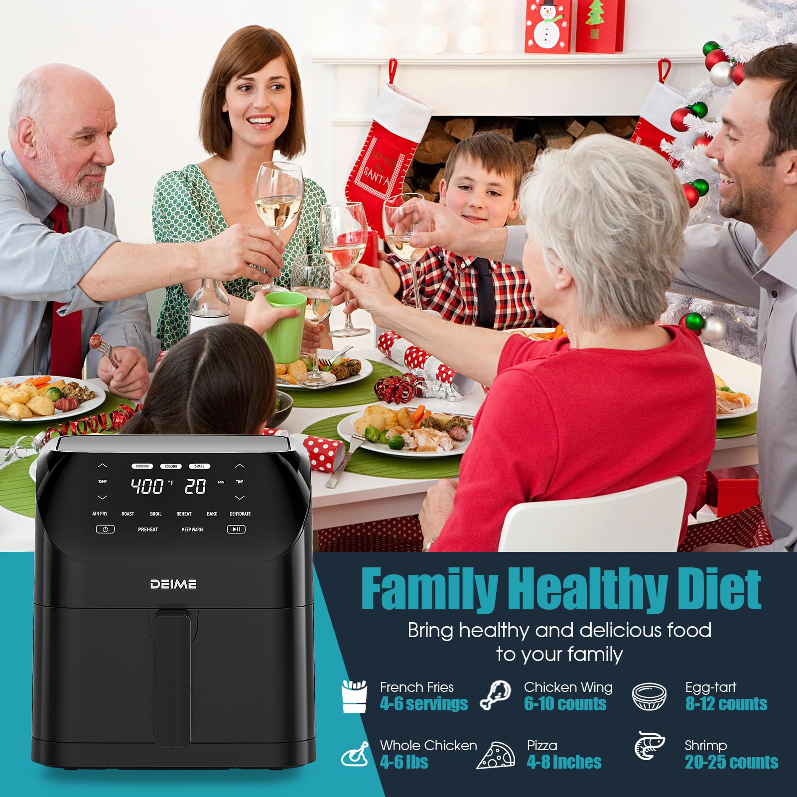 Deime Air Fryer serves 2-5 people with little oil, ideal daily meals.