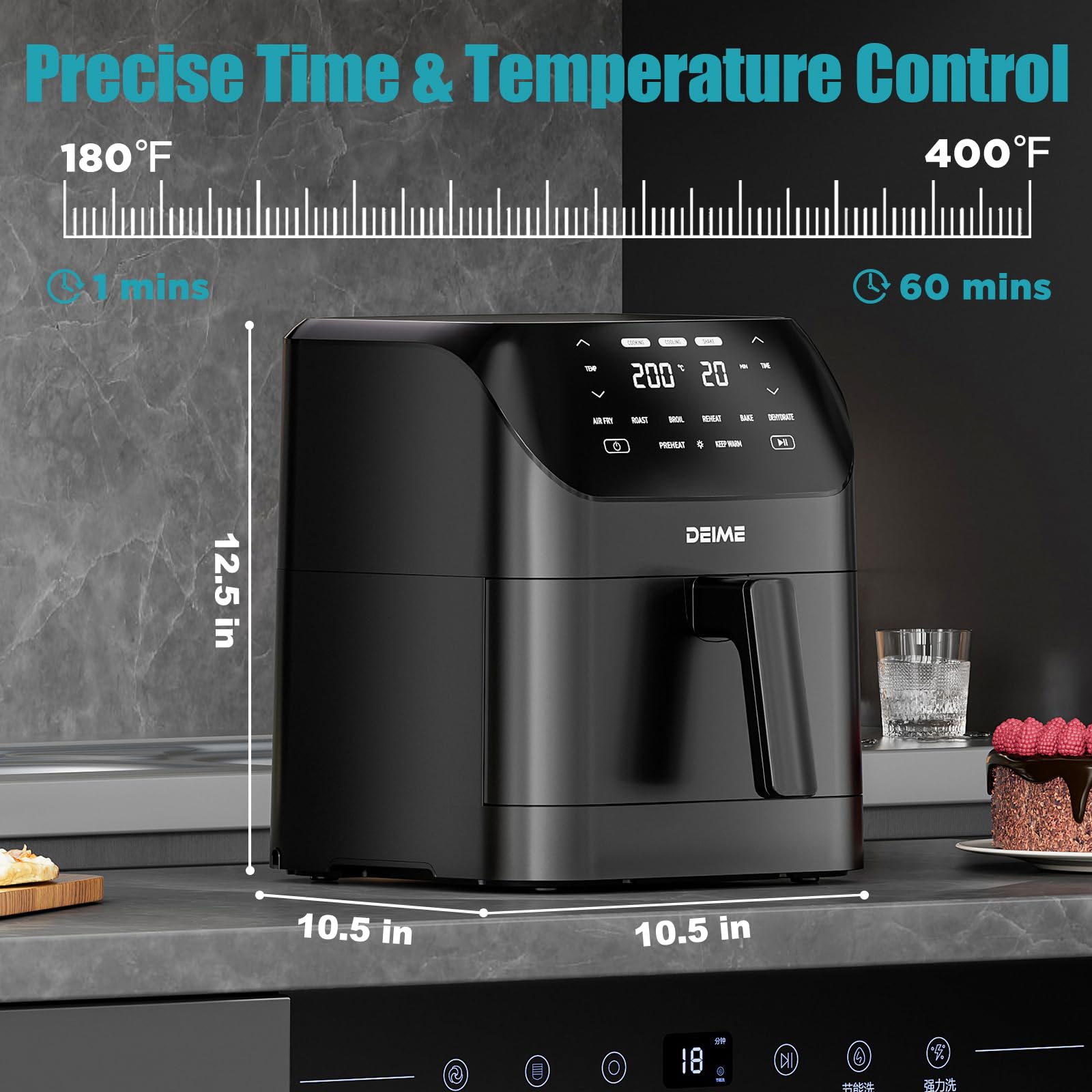 Deime Air Fryer nonstick basket removable for easy cleanup.