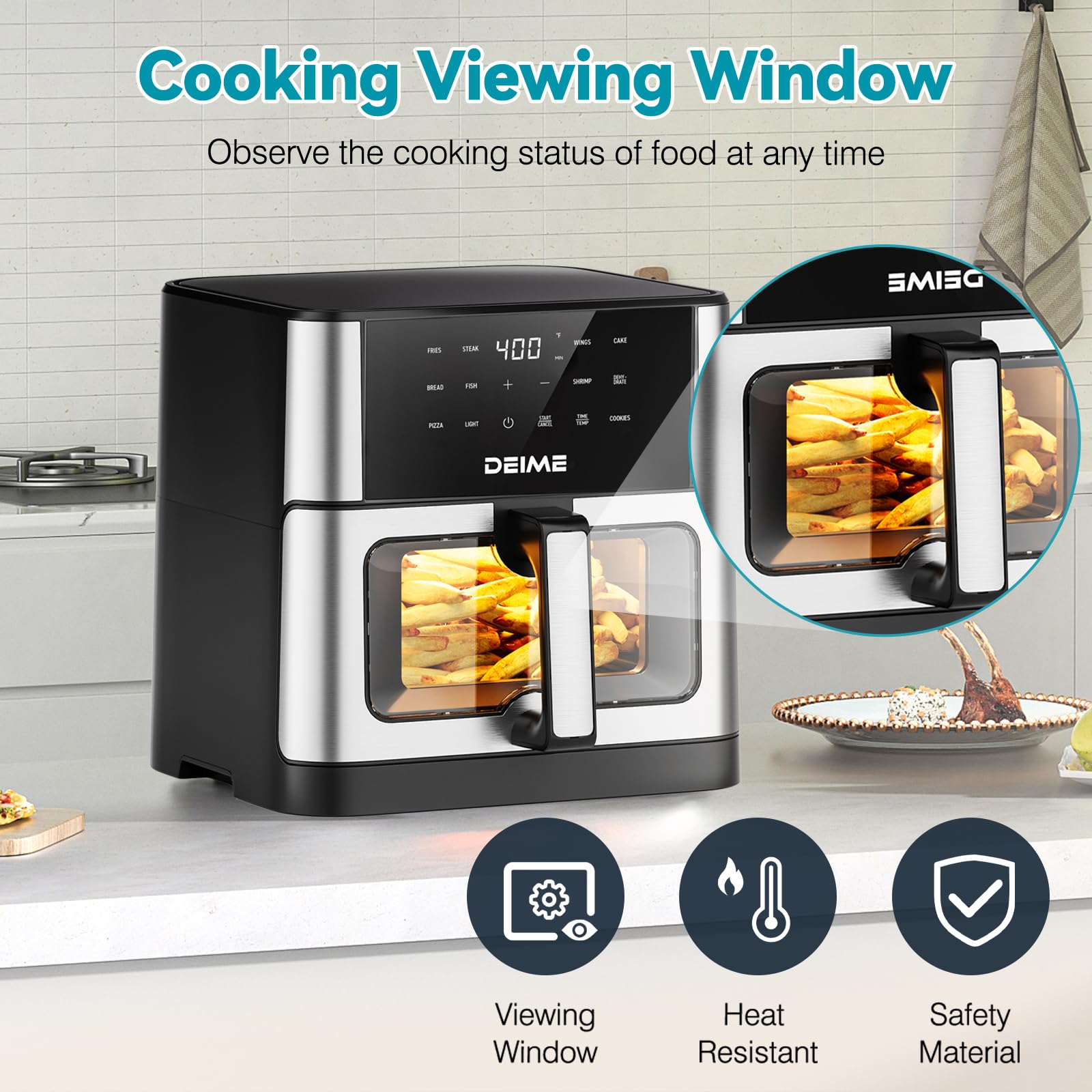 DEIME Air Fryer square nonstick basket supports easy loading and cleaning.