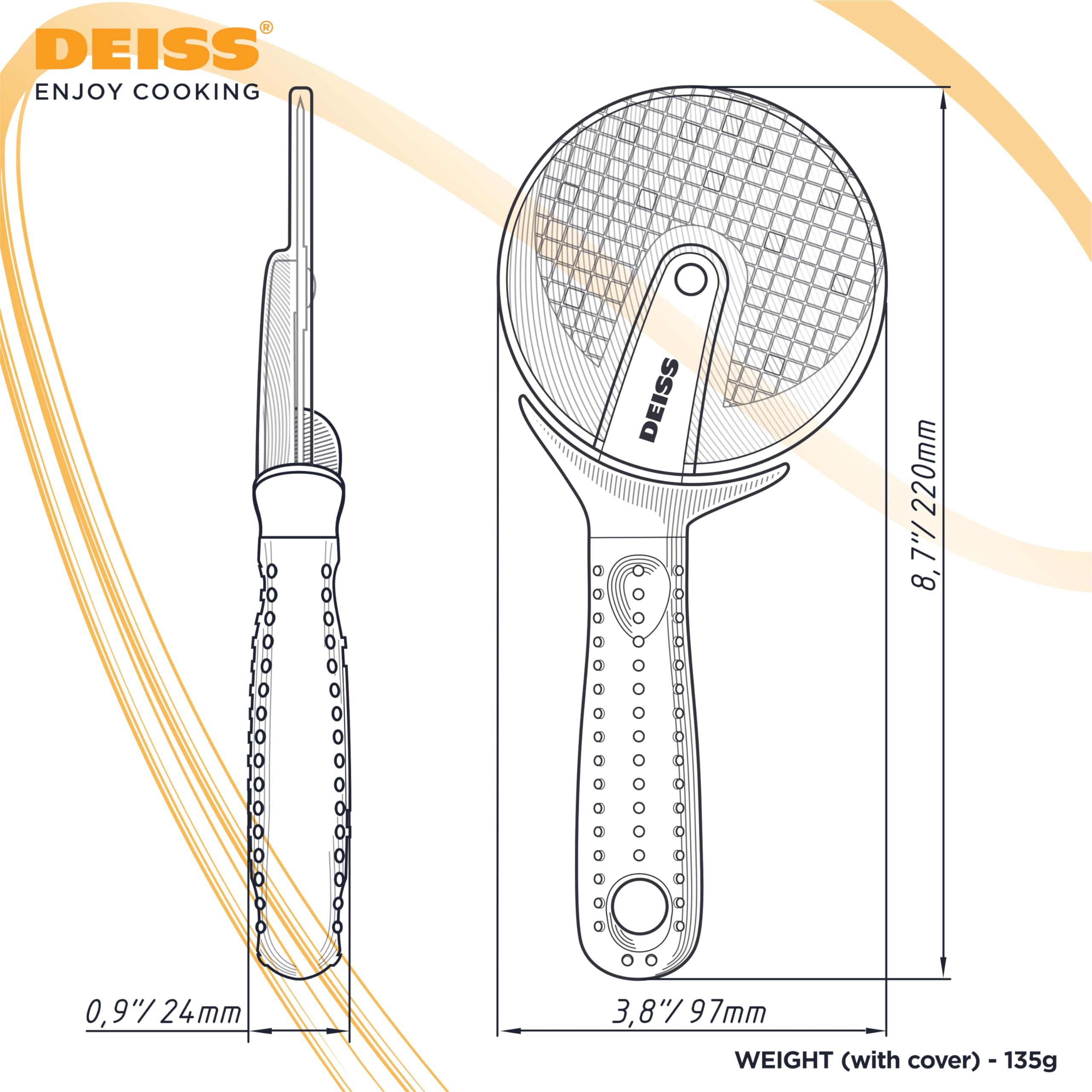 Deiss Lux gift-ready pizza cutter for food lovers and aspiring chefs.