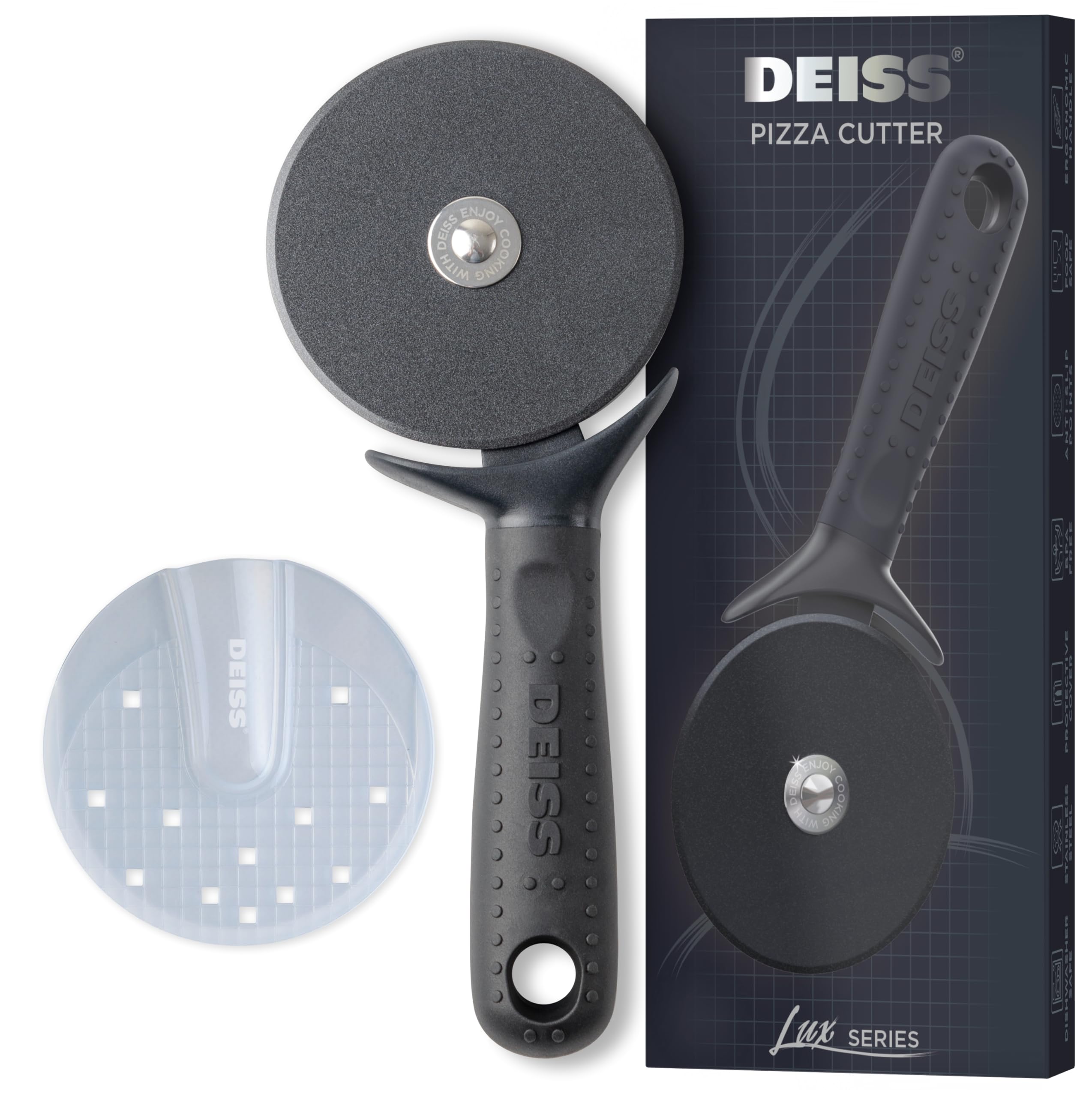 Deiss Lux heavy-duty pizza cutter wheel for clean slicing through thick crusts.