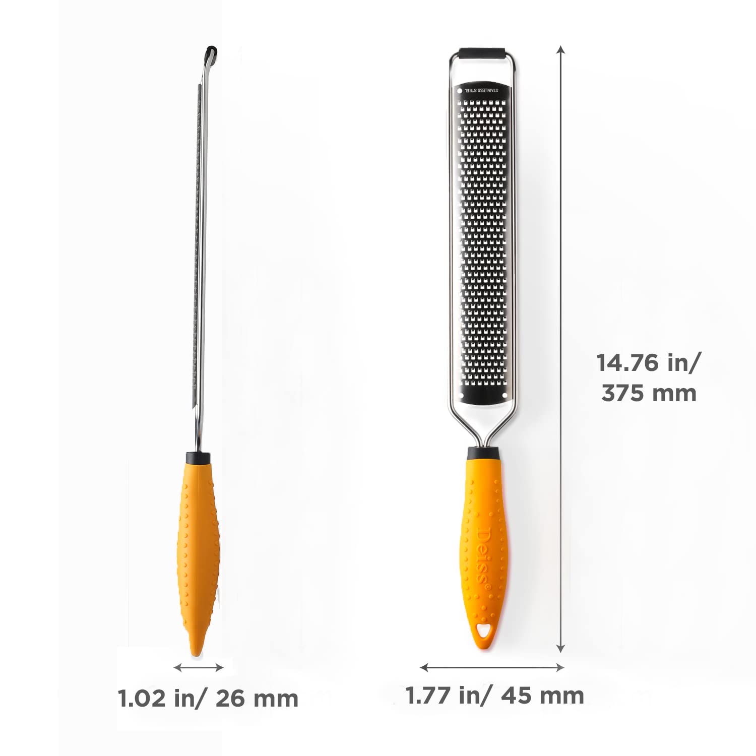 Deiss PRO cheese grater shredding parmesan with stainless steel teeth.