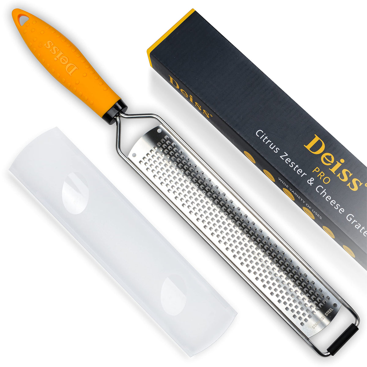 Deiss PRO lemon zester close-up showing razor-sharp blades for zesting.