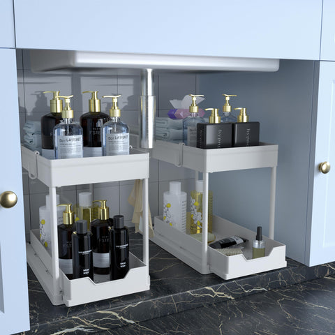 DEKAVA under-sink cabinet organizer with two-tier sliding baskets for tidy storage.