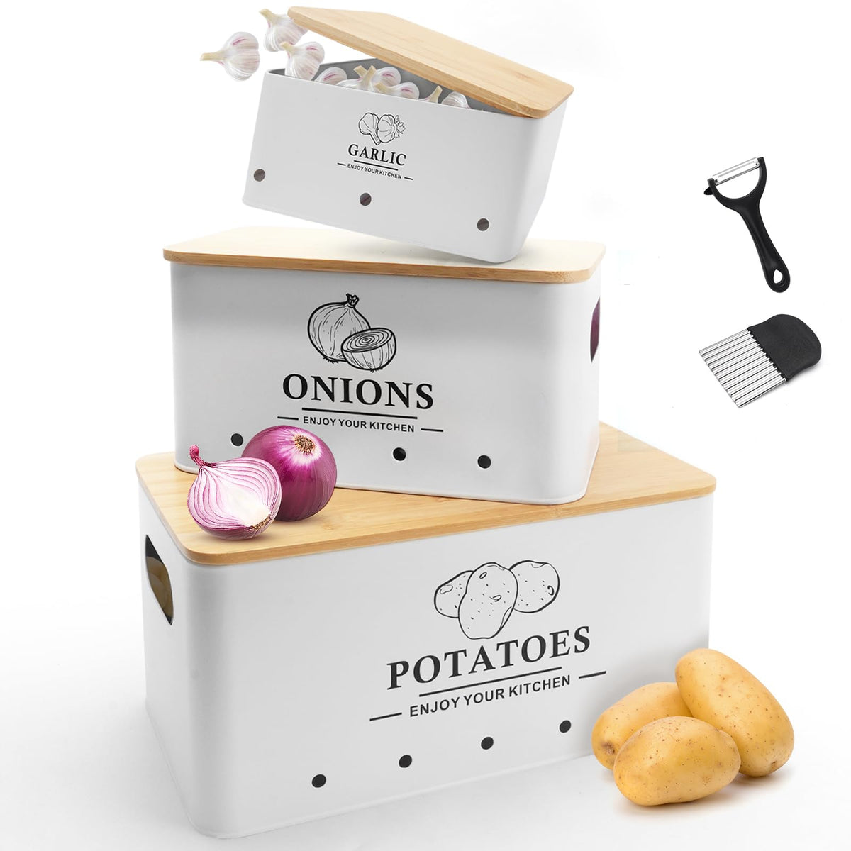 Dekosilave potato storage box keeps potatoes organized with breathable design.