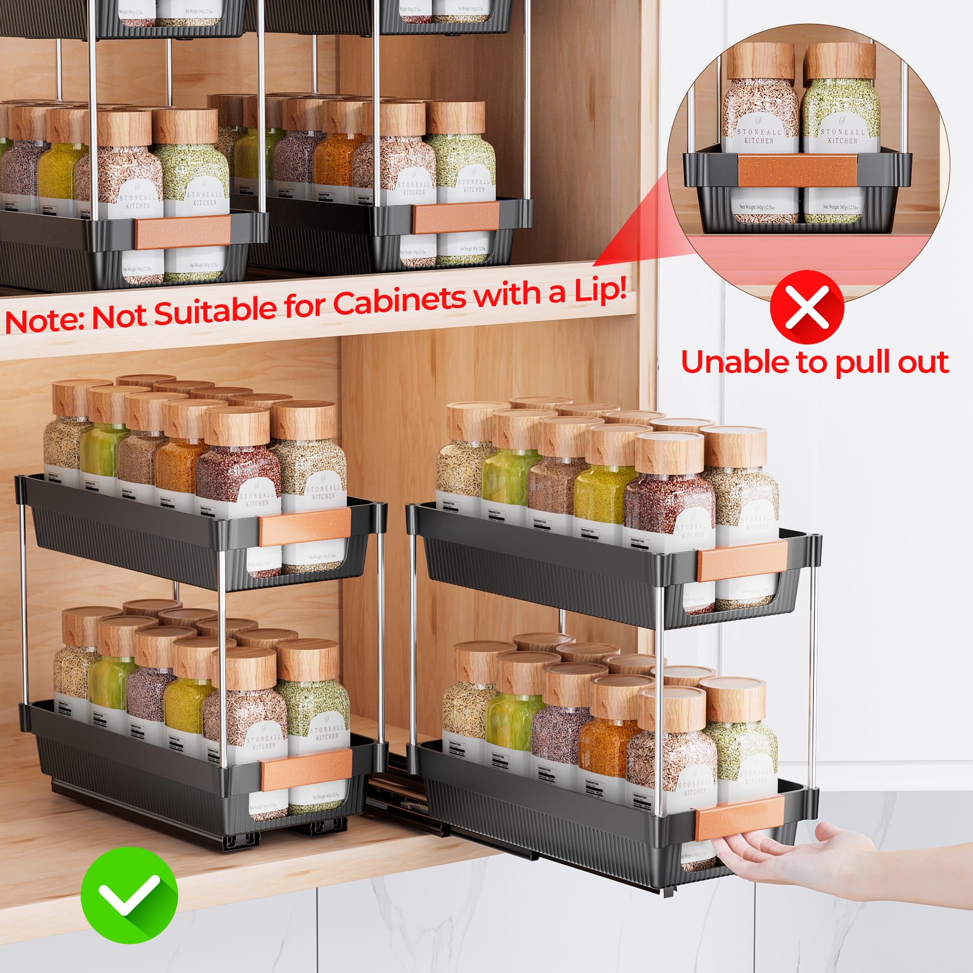 Delamu 2-tier pull-out rack keeps jars upright during pulls