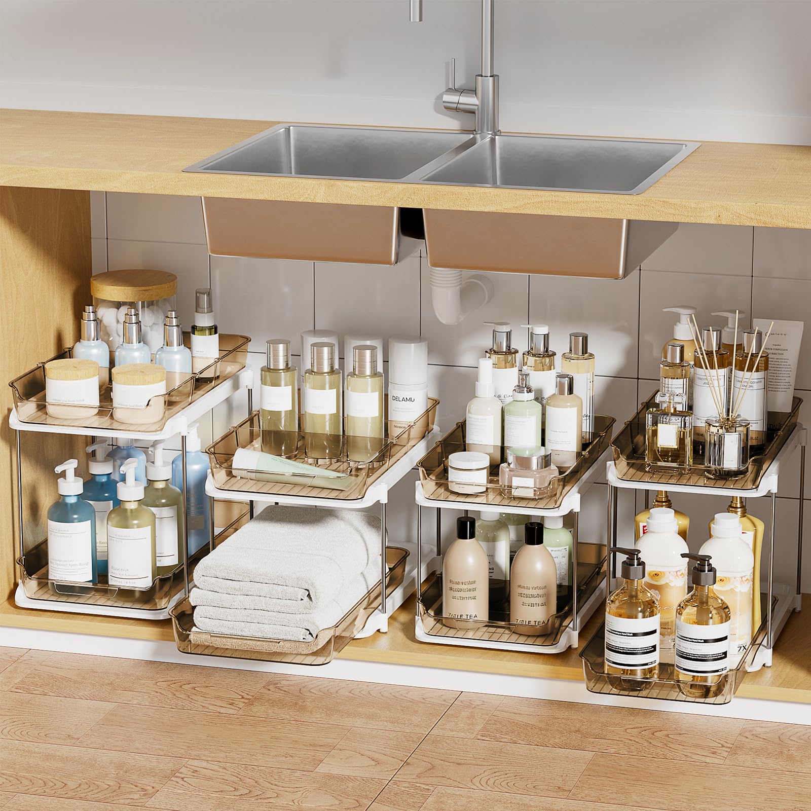 Delamu 2-tier under-sink organizer amber keeps toiletries organized and accessible.