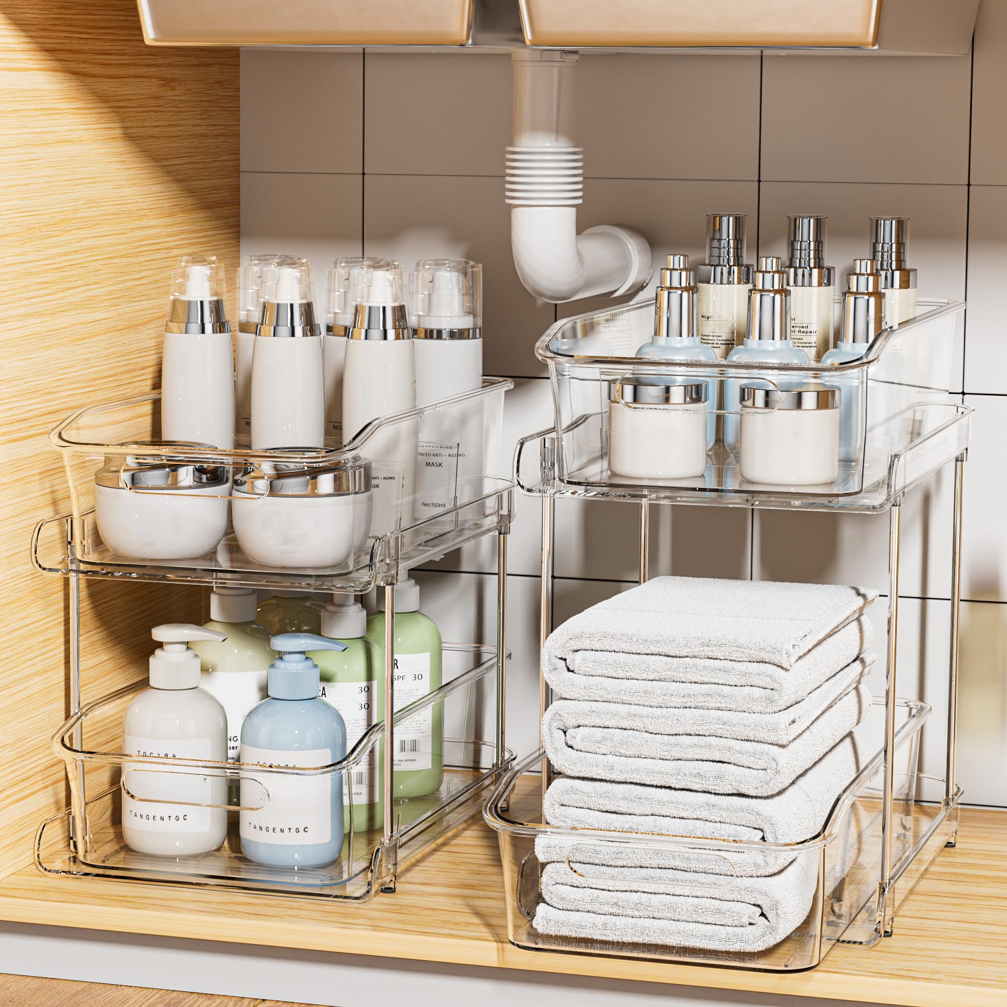 Delamu 2-tier under-sink organizer in clear front view for easy-access storage.