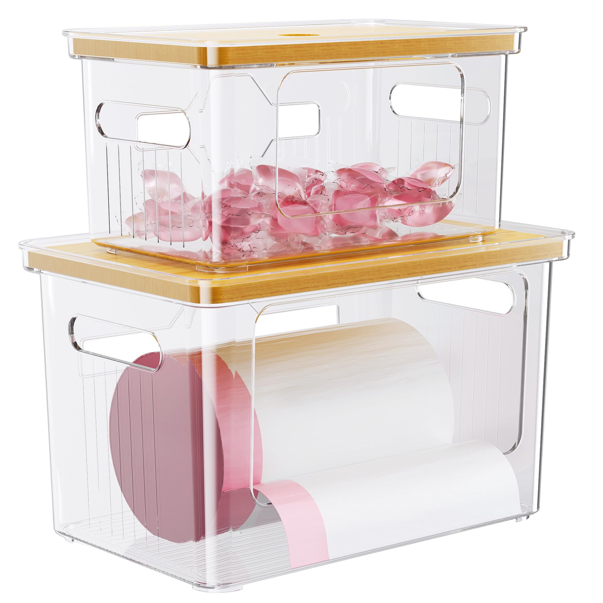 Delamu 2-pack acrylic trash bag holder with bamboo lid keeps bags organized and accessible.