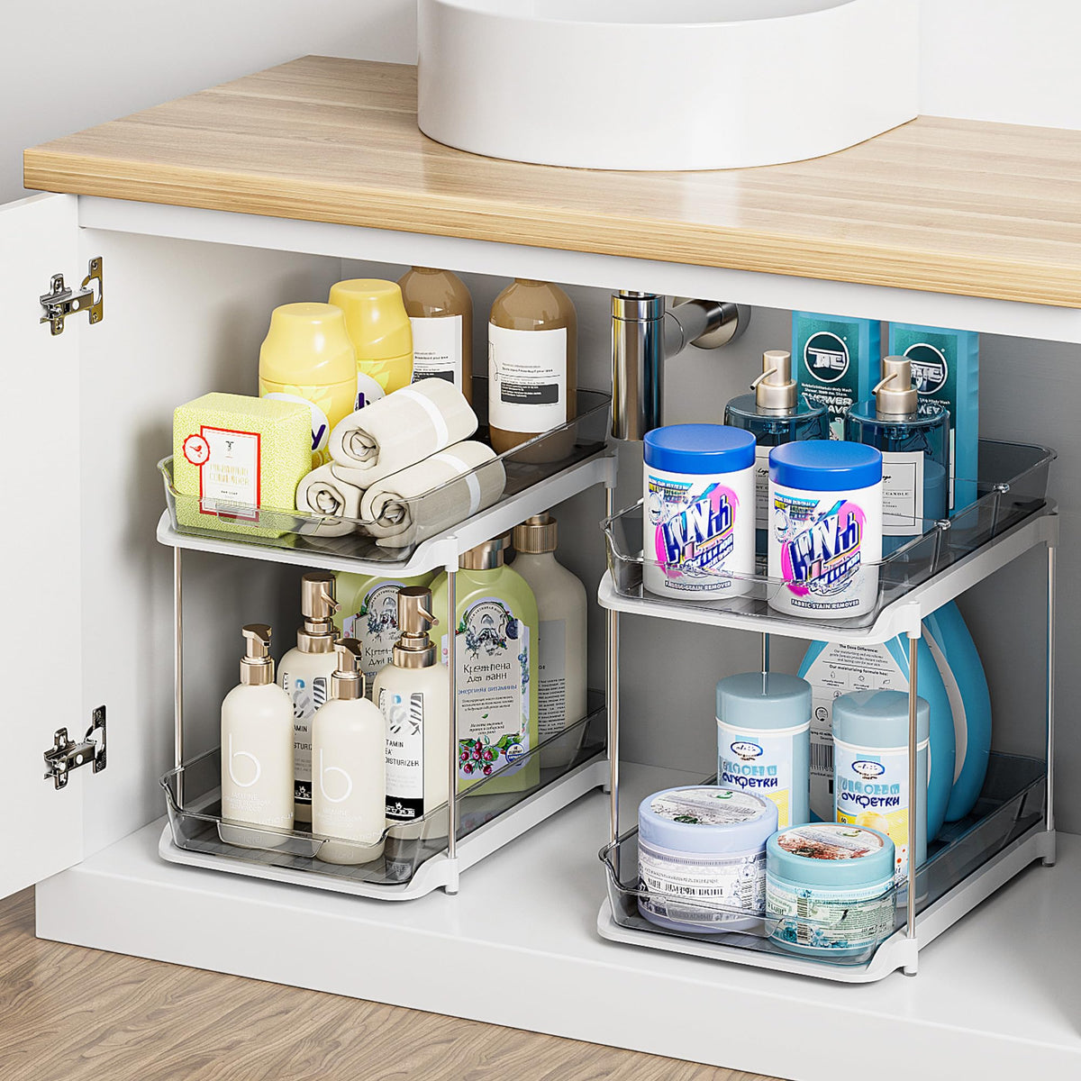 Delamu 2-tier under-sink organizer with clear drawers for quick access