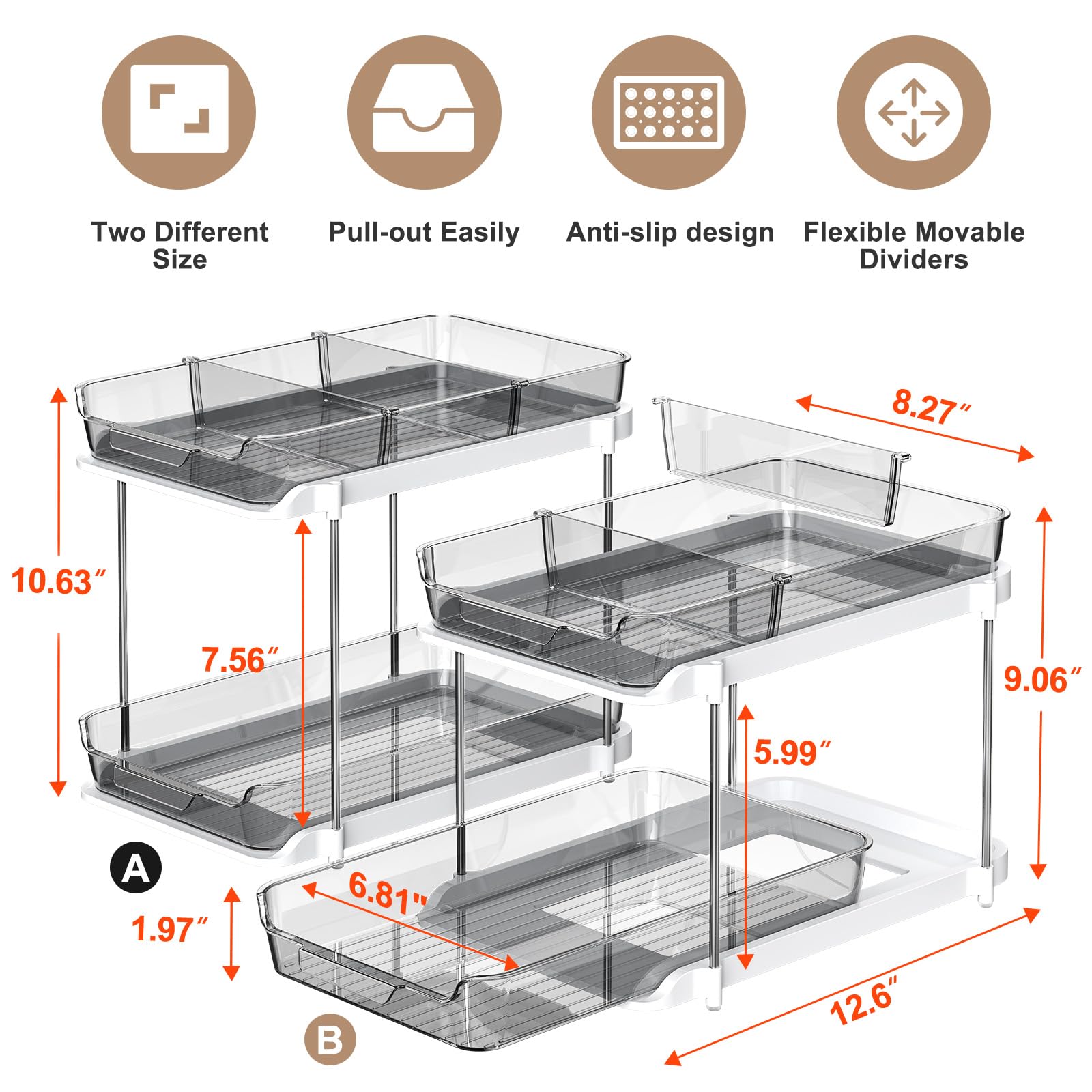 Delamu gray pull-out drawer system with movable dividers for customized storage