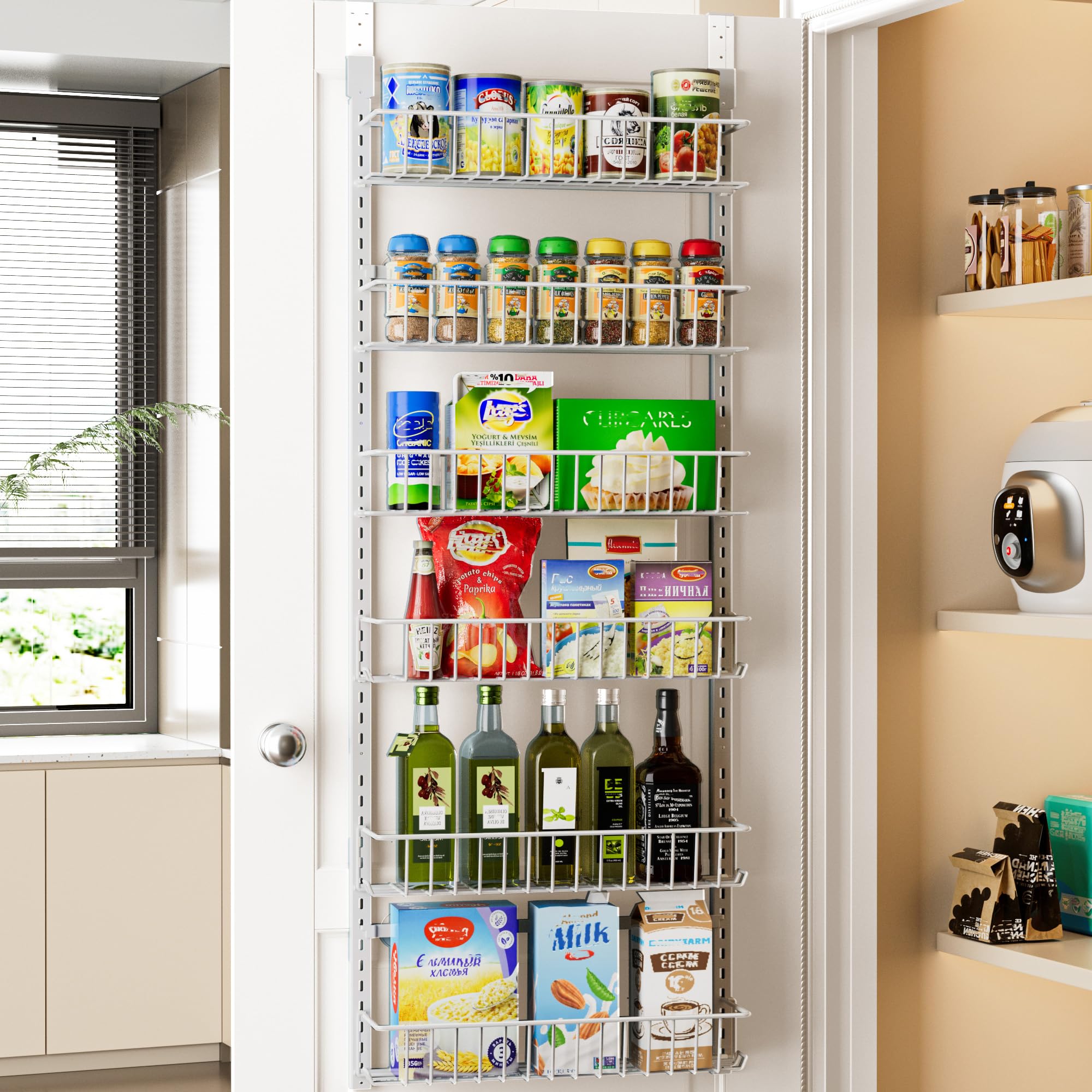 Delamu 6-tier over-the-door pantry organizer front view, easy spice access.