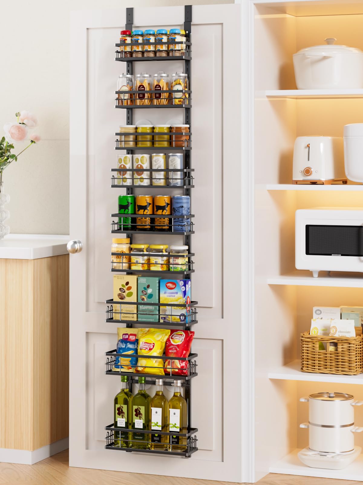 Delamu 9-tier over-the-door pantry organizer top basket for convenient spice access.