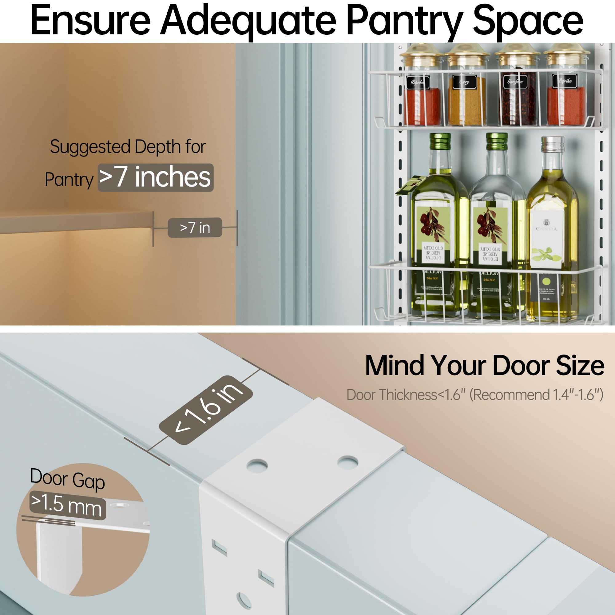 Delamu adjustable baskets for door storage fit jars and snacks.