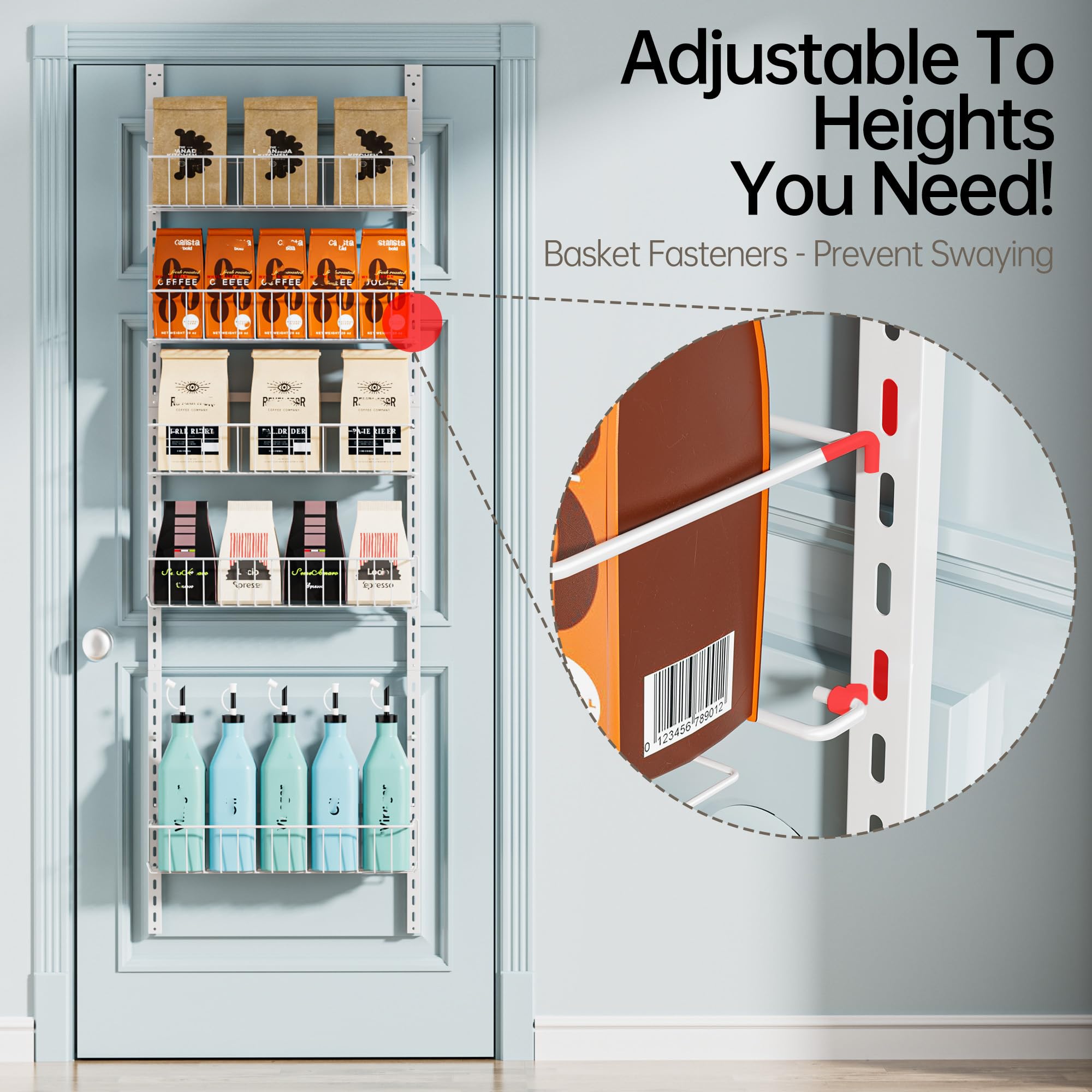 Delamu adjustable baskets spice rack close-up shows flexible storage.