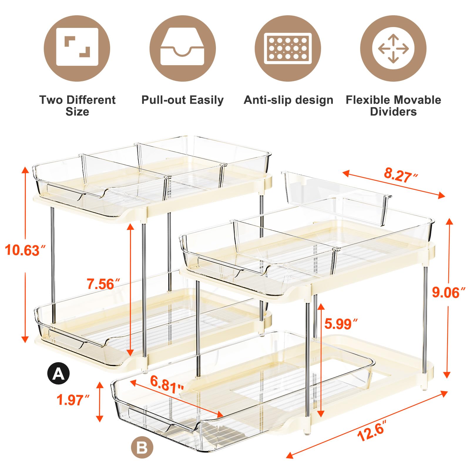 Delamu beige pull-out drawers enhance bathroom vanity and pantry organization.