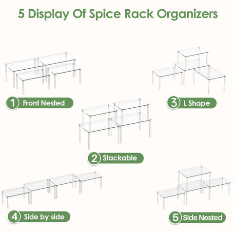 Delamu clear cabinet organizer jars stored vertically to maximize cabinet depth.