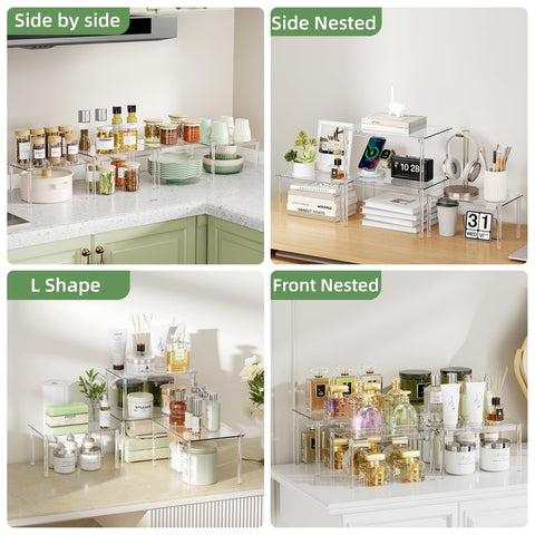Delamu clear cabinet organizer mugs on a second level for easy reach.