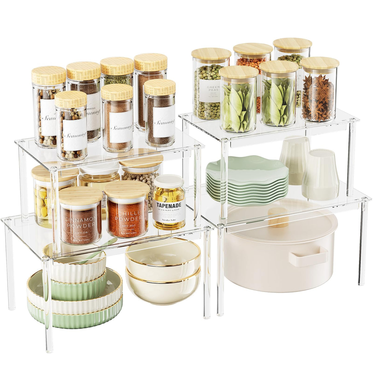 Delamu clear cabinet organizer plate rack, two-tier setup for space-saving storage.